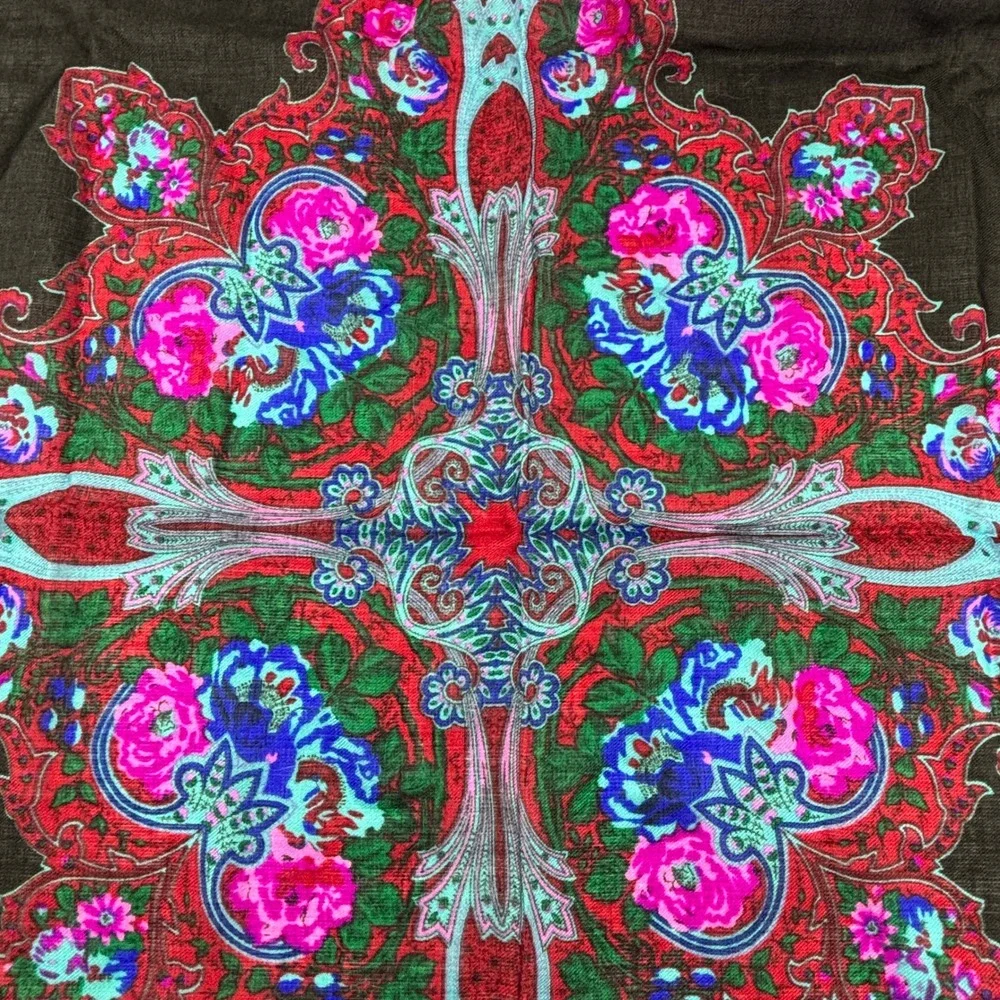 Challis by Berkshire Scarf Womens OS Black Floral Paisley Japan 30in Square Vtg